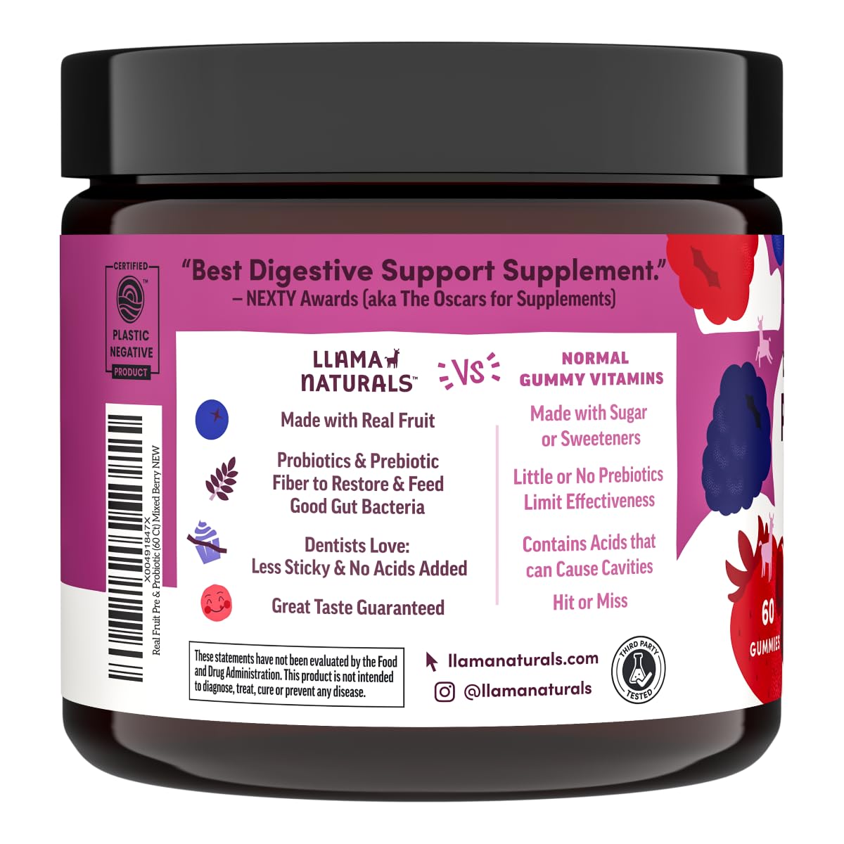 Llama Naturals Probiotics – Vegan Prebiotic Gummies (Mixed Berry) 60 Ct