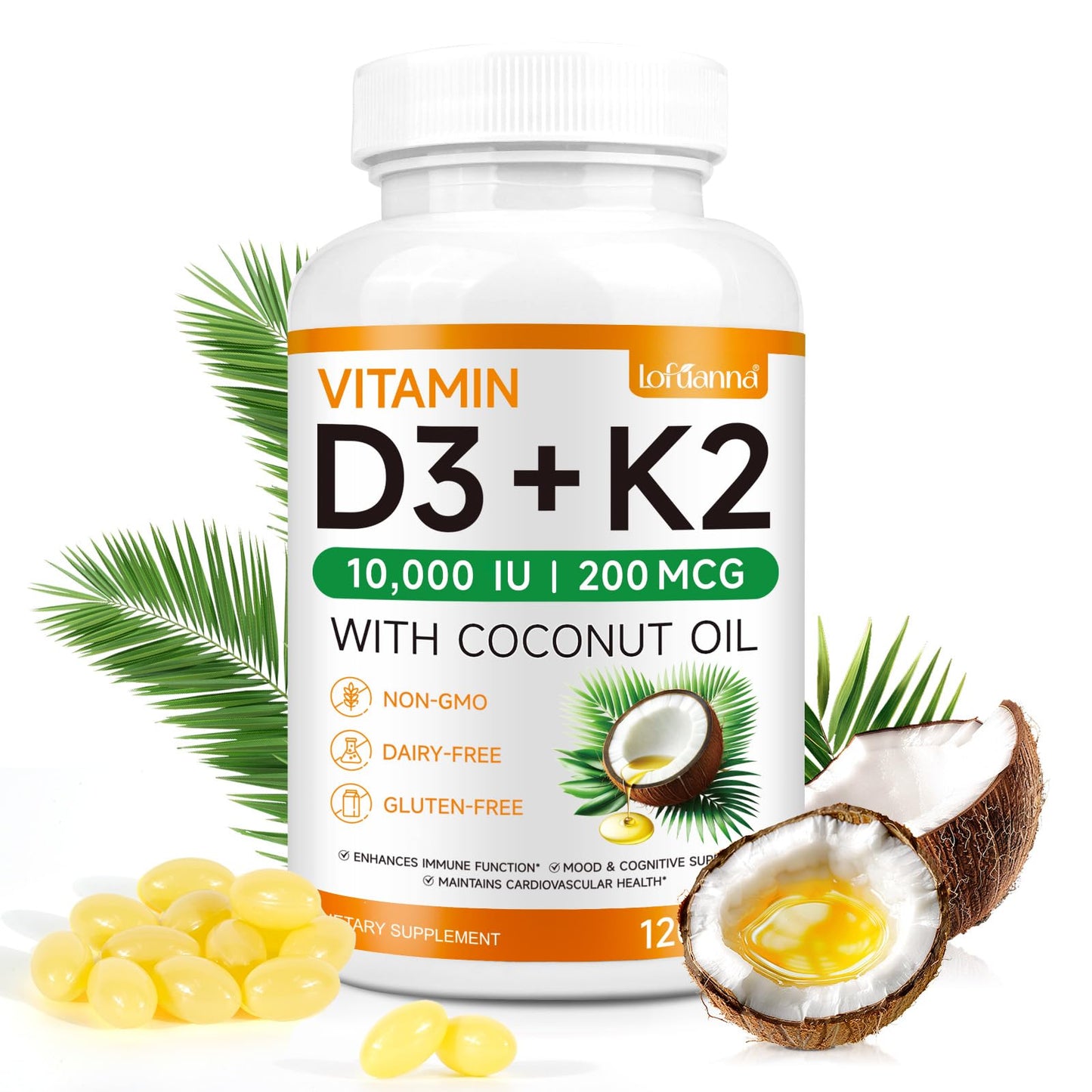Lofuanna Vitamin D3 K2 Softgels – 2-in-1 D3 & K2 with Coconut Oil