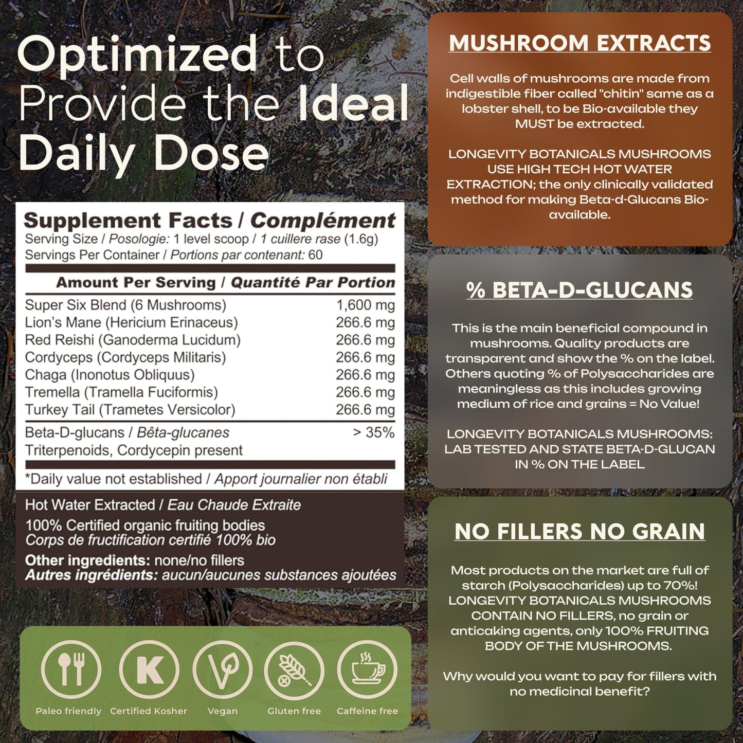 Longevity Botanicals Super Six Organic Mushroom Blend 100g | Reishi, Lion’s Mane, Chaga, Cordyceps, Tremella & Turkey Tail | Extract Powder Mix | 10:1 Ratio | 100% Fruiting Bodies | Mushroom Complex