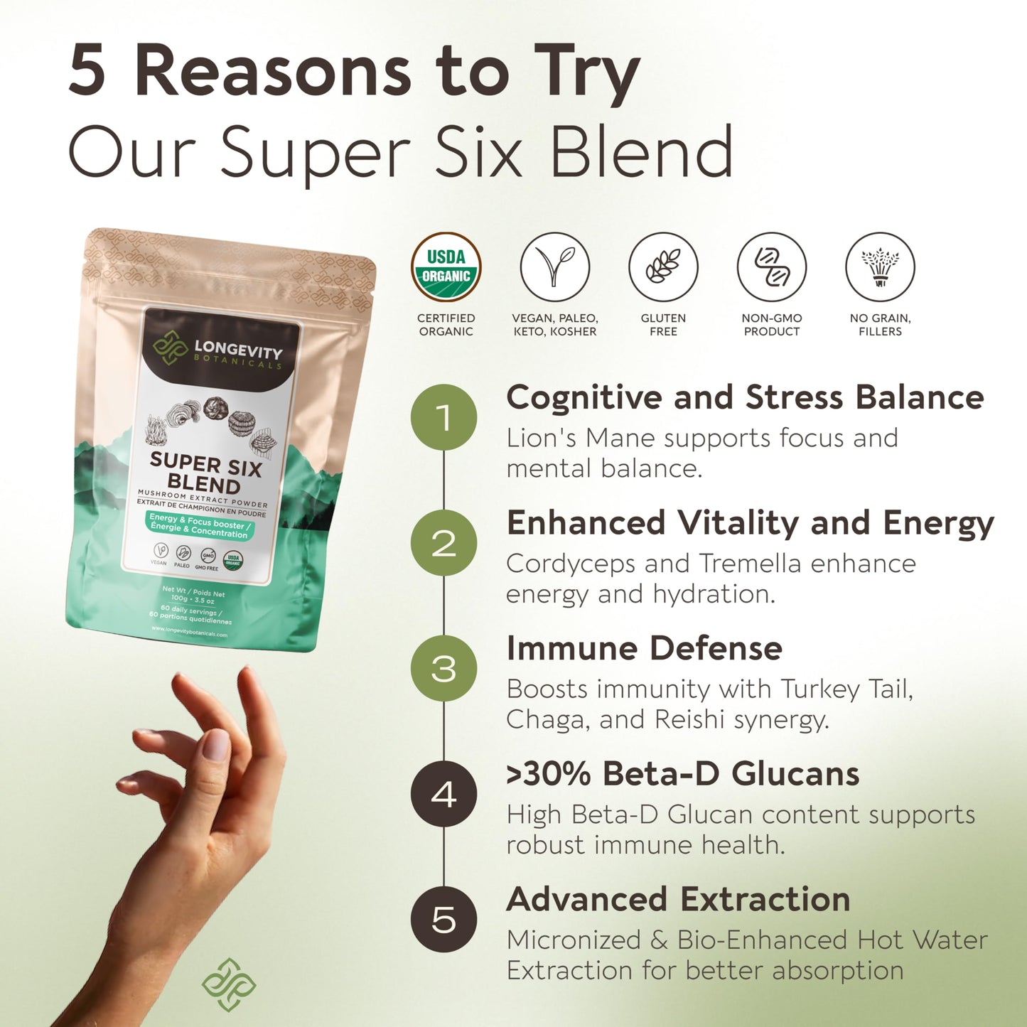 Longevity Botanicals Super Six Organic Mushroom Blend 100g | Reishi, Lion’s Mane, Chaga, Cordyceps, Tremella & Turkey Tail | Extract Powder Mix | 10:1 Ratio | 100% Fruiting Bodies | Mushroom Complex