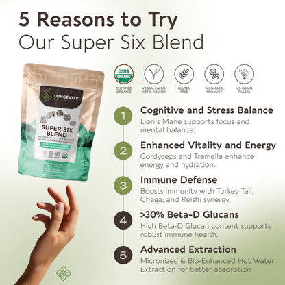 Longevity Botanicals Super Six Organic Mushroom Blend 100g | Reishi, Lion’s Mane, Chaga, Cordyceps, Tremella & Turkey Tail | Extract Powder Mix | 10:1 Ratio | 100% Fruiting Bodies | Mushroom Complex