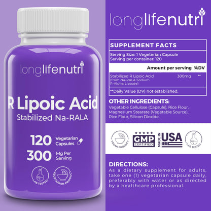 LongLifeNutri Stabilized R-Alpha Lipoic Acid 300mg – 120 Veg Capsules, 4-Month Supply, Made in USA