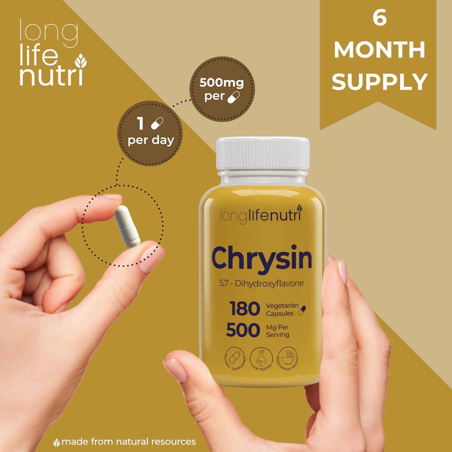 LongLifeNutri Chrysin 500mg – 180 Veg Capsules | USA Made, GMP Certified