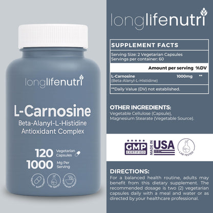 LongLifeNutri L-Carnosine 1000mg – 2-Month Supply, Made in USA