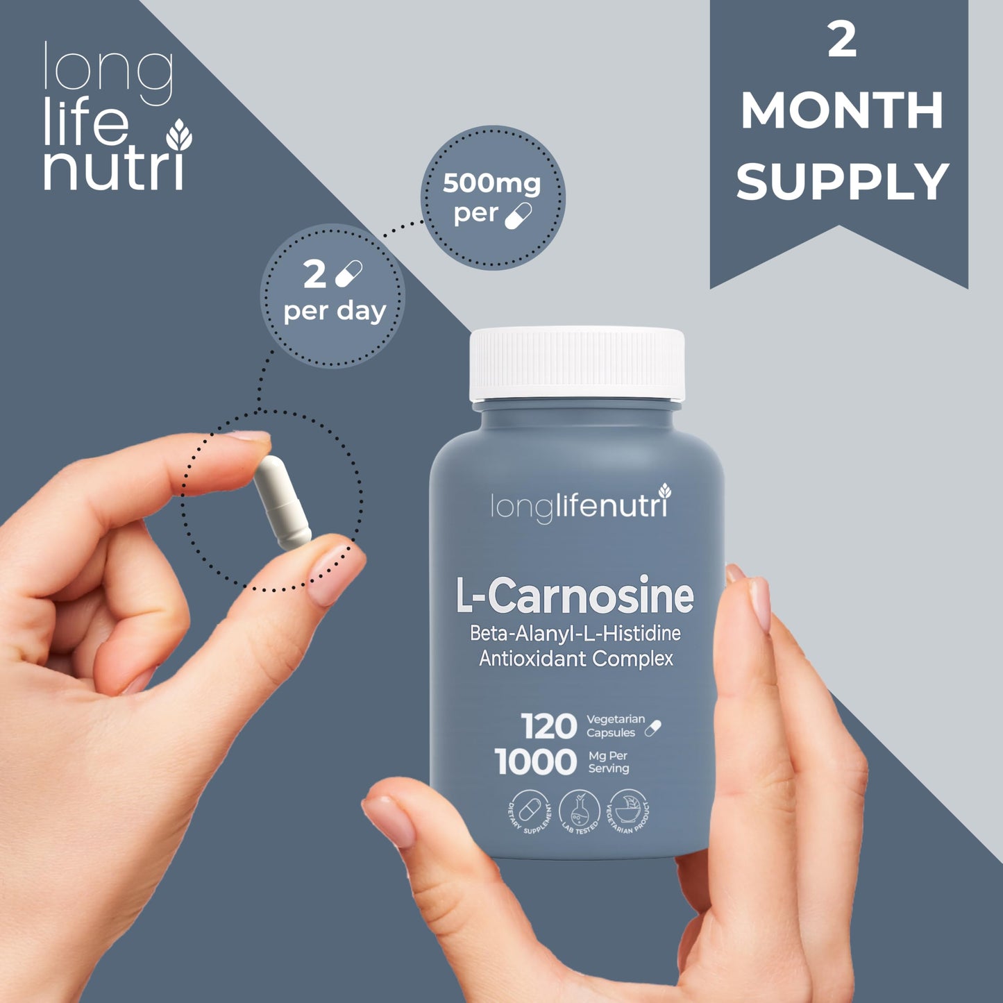 LongLifeNutri L-Carnosine 1000mg – 2-Month Supply, Made in USA