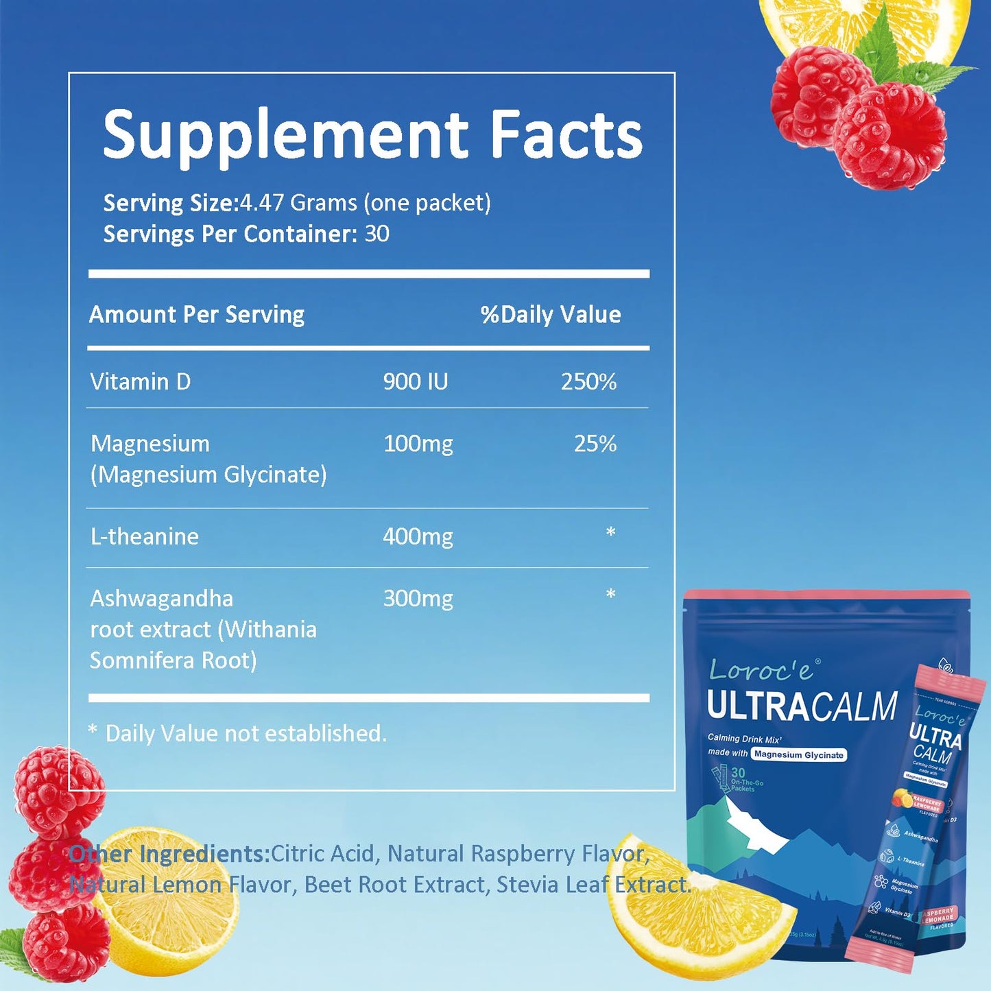 Loroc'e UltraCalm Cortisol Drink Mix – Magnesium Glycinate, L-Theanine, Ashwagandha | Raspberry Lemonade