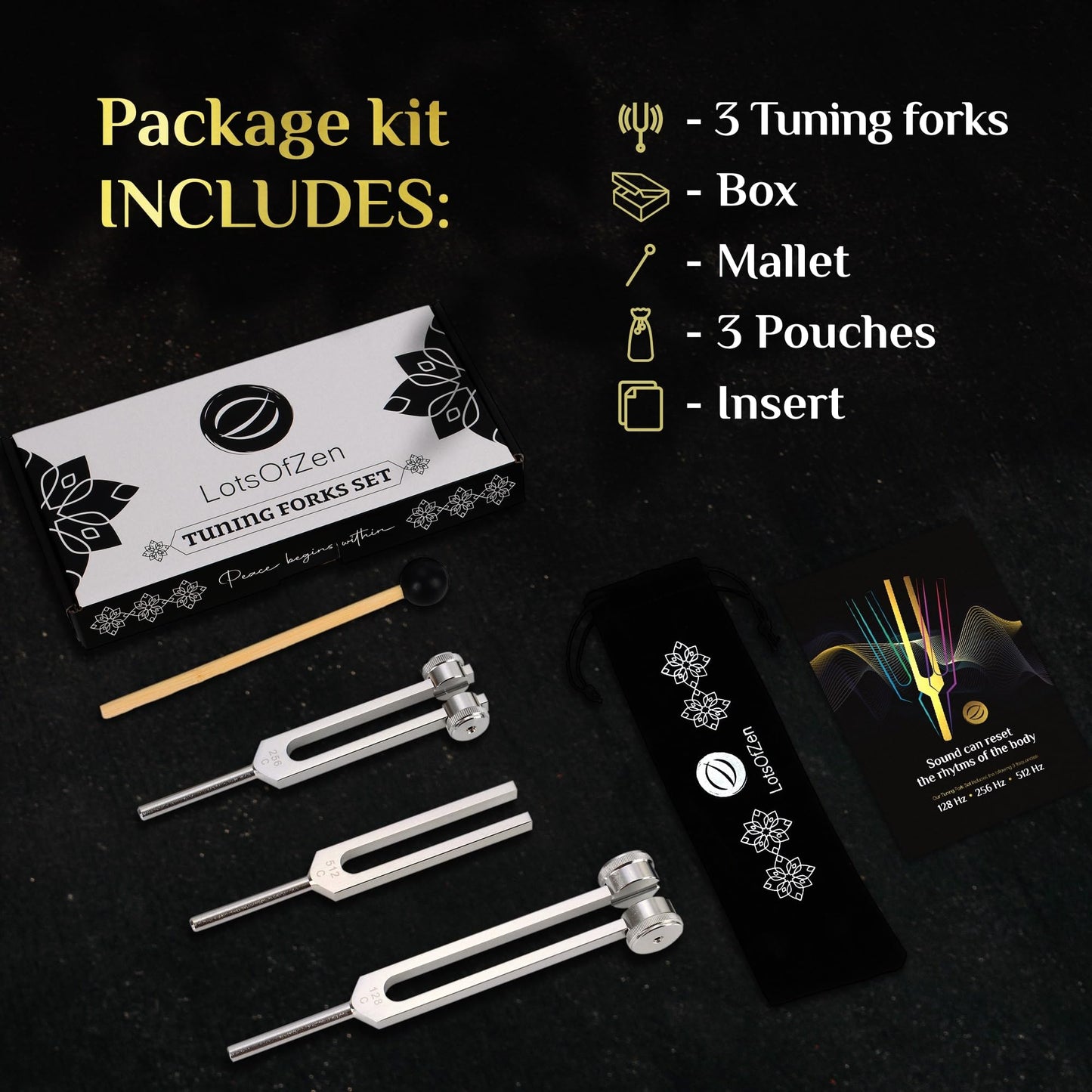 LOTS OF ZEN Tuning Forks for Healing Set – 128Hz, 256Hz, 512Hz | Sound Therapy & Yoga Accessories