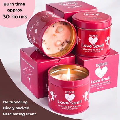 Love Spell Scented Candles - Soy, Rose Petals & Crystals | Pack of 3 x 5oz - Organic Non-Toxic Aromatherapy Gift