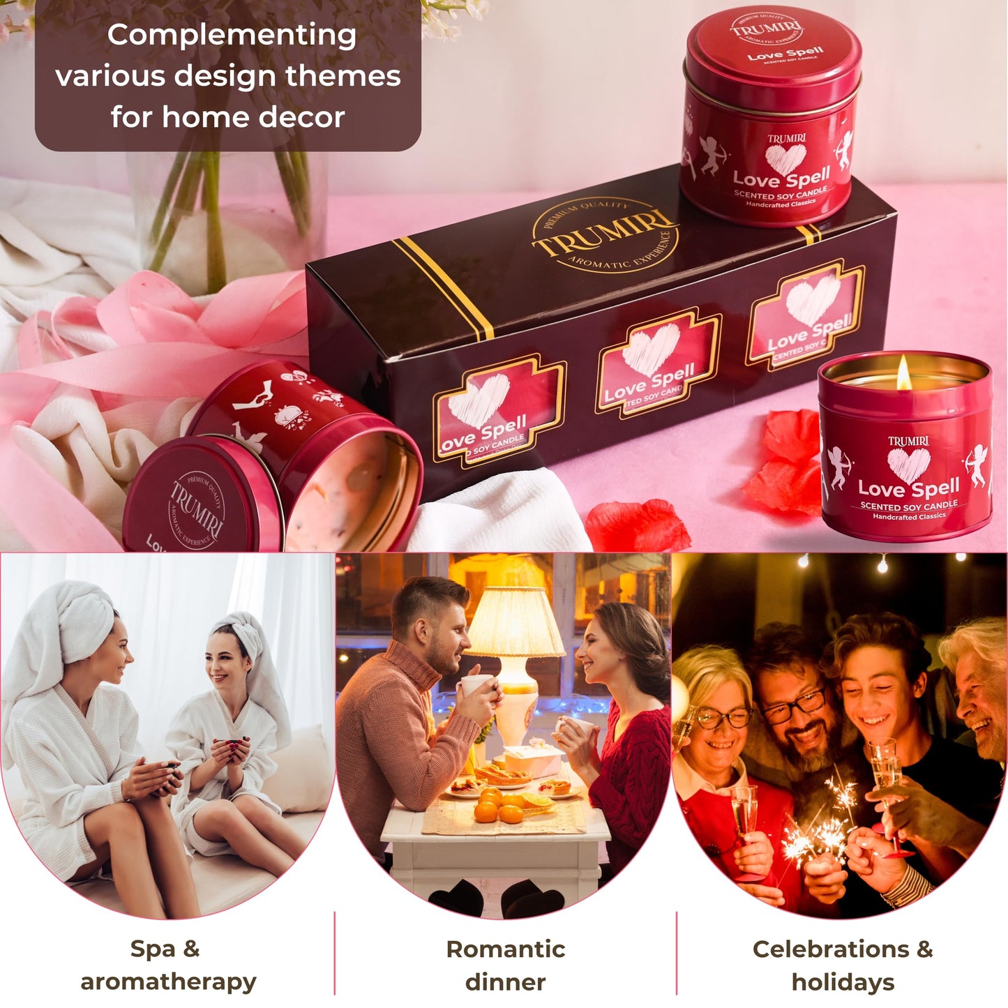 Love Spell Scented Candles - Soy, Rose Petals & Crystals | Pack of 3 x 5oz - Organic Non-Toxic Aromatherapy Gift