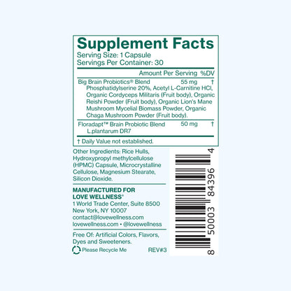 Love Wellness Big Brain Probiotics | Nootropics Brain Support Supplement | Brain Supplements for Memory and Focus | Promotes Mental Clarity & Mood | Organic Reishi, Chaga, & Lions Mane | 30 Count