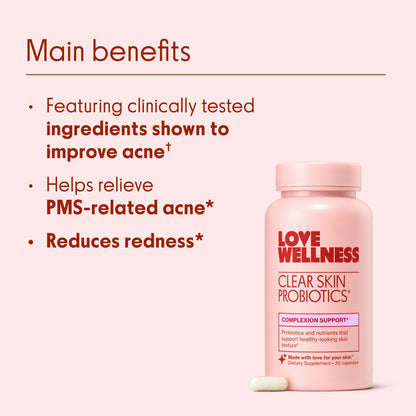 Love Wellness Clear Skin Probiotic | Hormonal Acne & Pore Minimizer | 30 Count