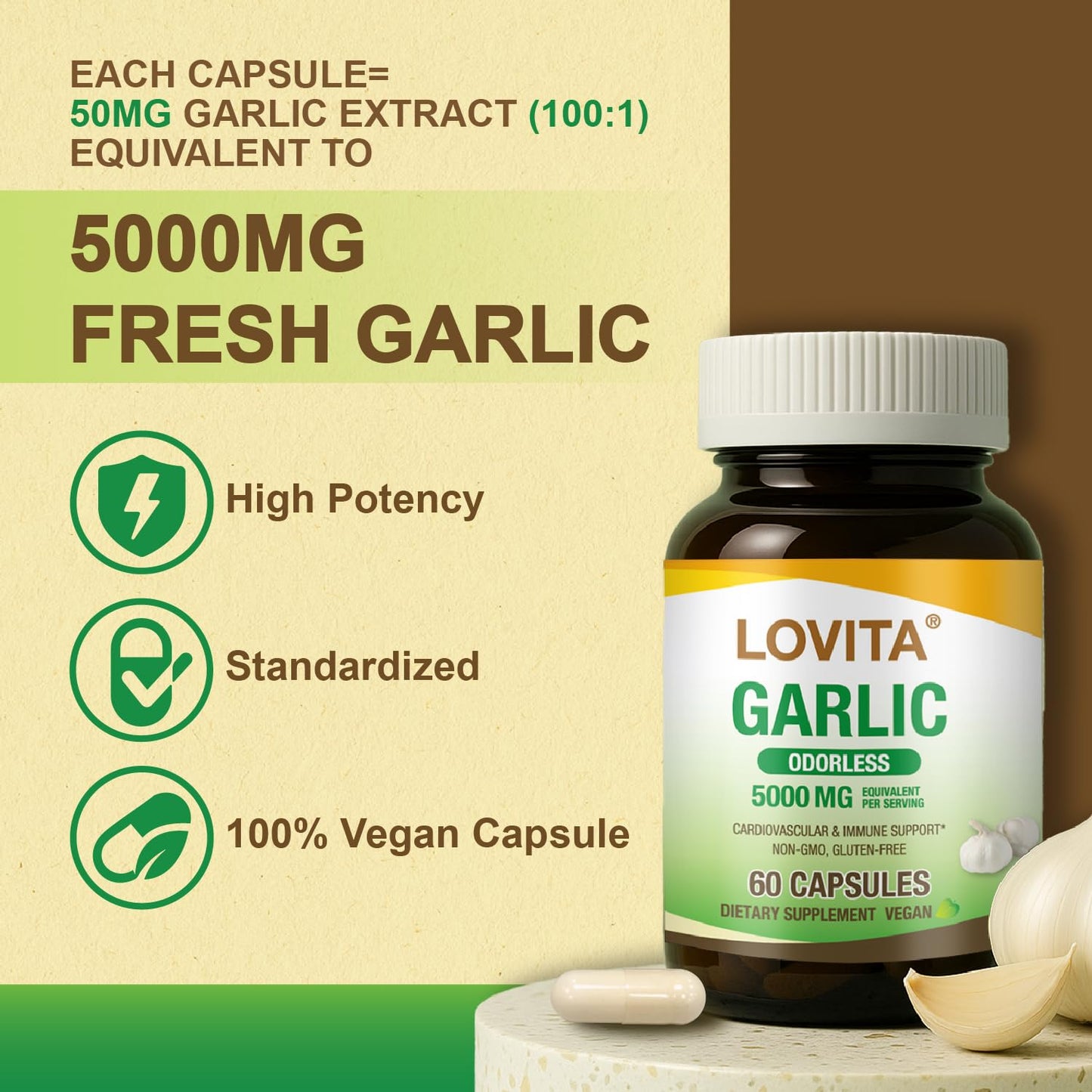 LOVITA Odorless Garlic Capsules – 5000mg Fresh Garlic, 1.25% Allicin