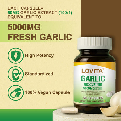 LOVITA Odorless Garlic Capsules – 5000mg Fresh Garlic, 1.25% Allicin