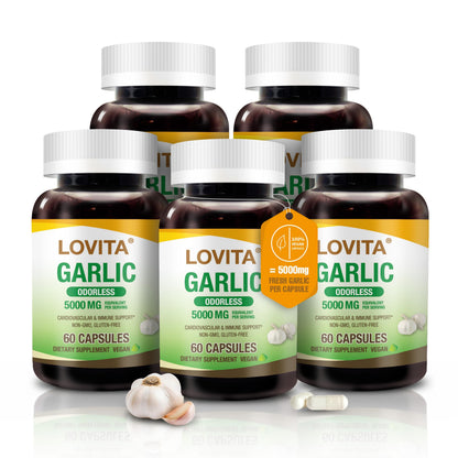 LOVITA Odorless Garlic Capsules – 5000mg Fresh Garlic Equivalent, 1.25% Allicin | Heart Health & Immune Support | Vegan, Non-GMO, Gluten-Free | 300 Capsules