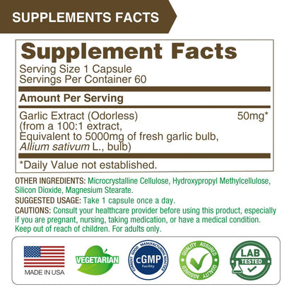 LOVITA Odorless Garlic Capsules – 5000mg Fresh Garlic Equivalent, 1.25% Allicin | Heart Health & Immune Support | Vegan, Non-GMO, Gluten-Free | 300 Capsules