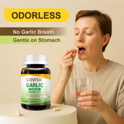 LOVITA Odorless Garlic Extract, 5000mg Fresh Garlic Equivalent, Standardized to 1.25% Allicin, Supports Heart, Blood Pressure, Cholesterol & Immune System, Non-GMO, Gluten-Free, 60 Vegan Capsules