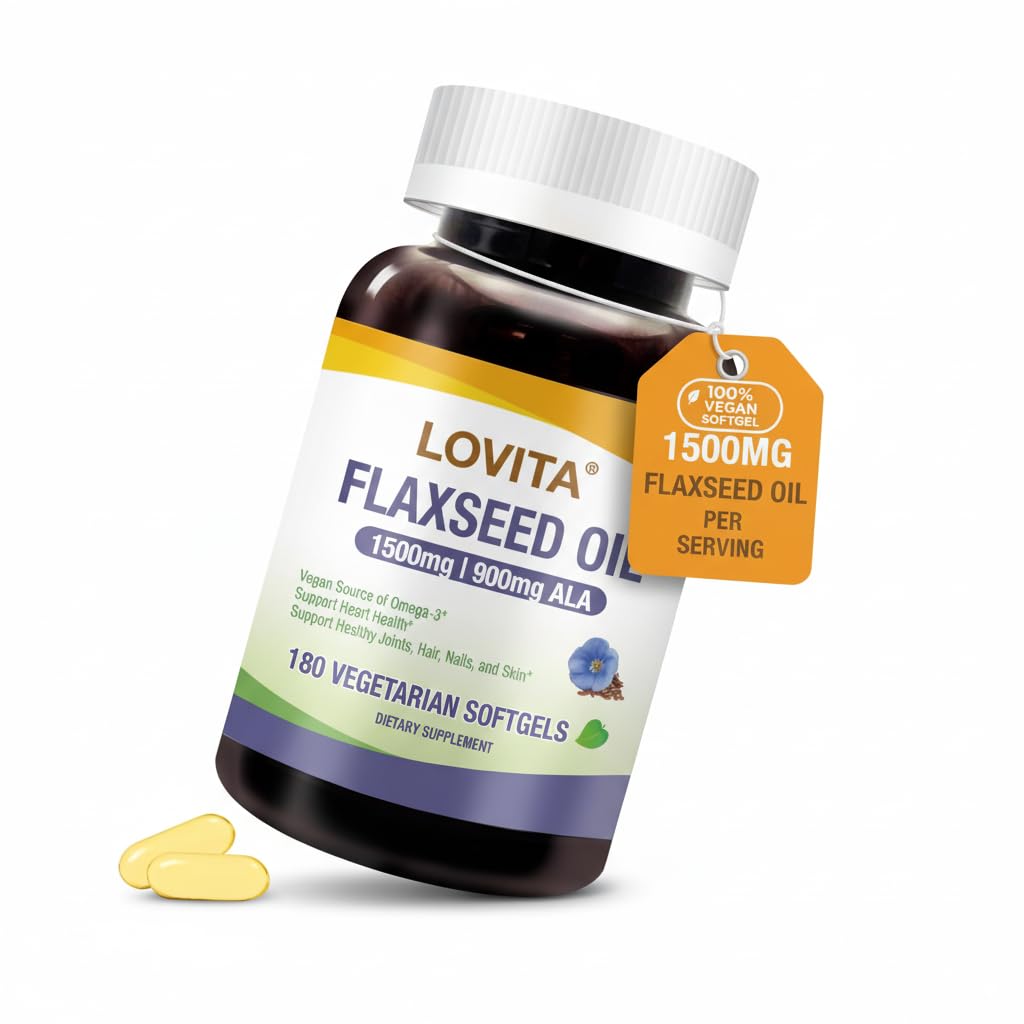 LOVITA Vegan Flaxseed Oil 1500mg + 900mg ALA Omega-3 | Cold-Pressed, Non-GMO, Gluten Free | 180 Softgels