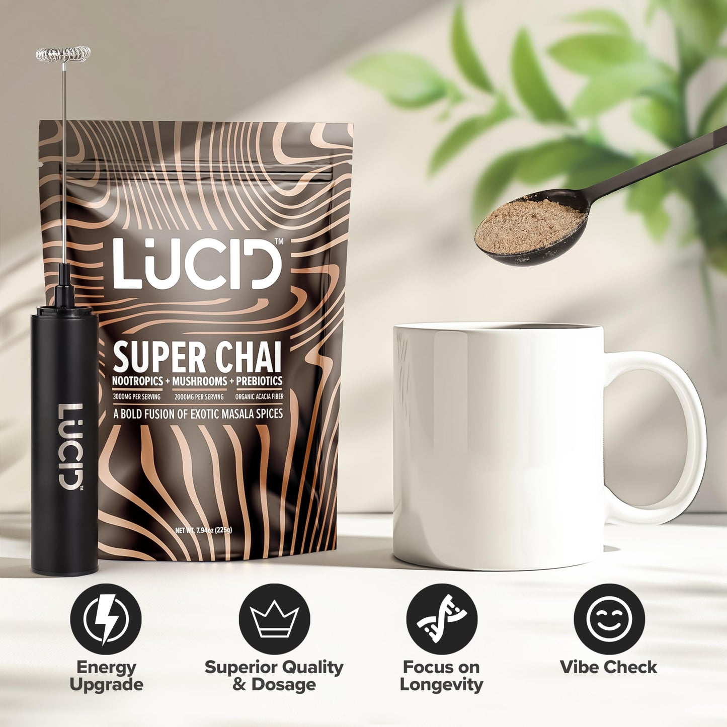 Lucid Superfood Organic Mushroom Chai with Nootropics – Lion’s Mane, Cordyceps & Tremella – Instant Focus Chai – USA Made