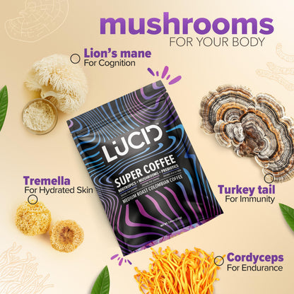 Lucid Superfood Organic Mushroom Coffee with Nootropics – Lion's Mane, Cordyceps & Tremella – Instant Focus Coffee – USA Made