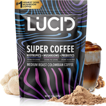 Lucid Superfood Organic Mushroom Coffee with Nootropics – Lion's Mane, Cordyceps & Tremella – Instant Focus Coffee – USA Made