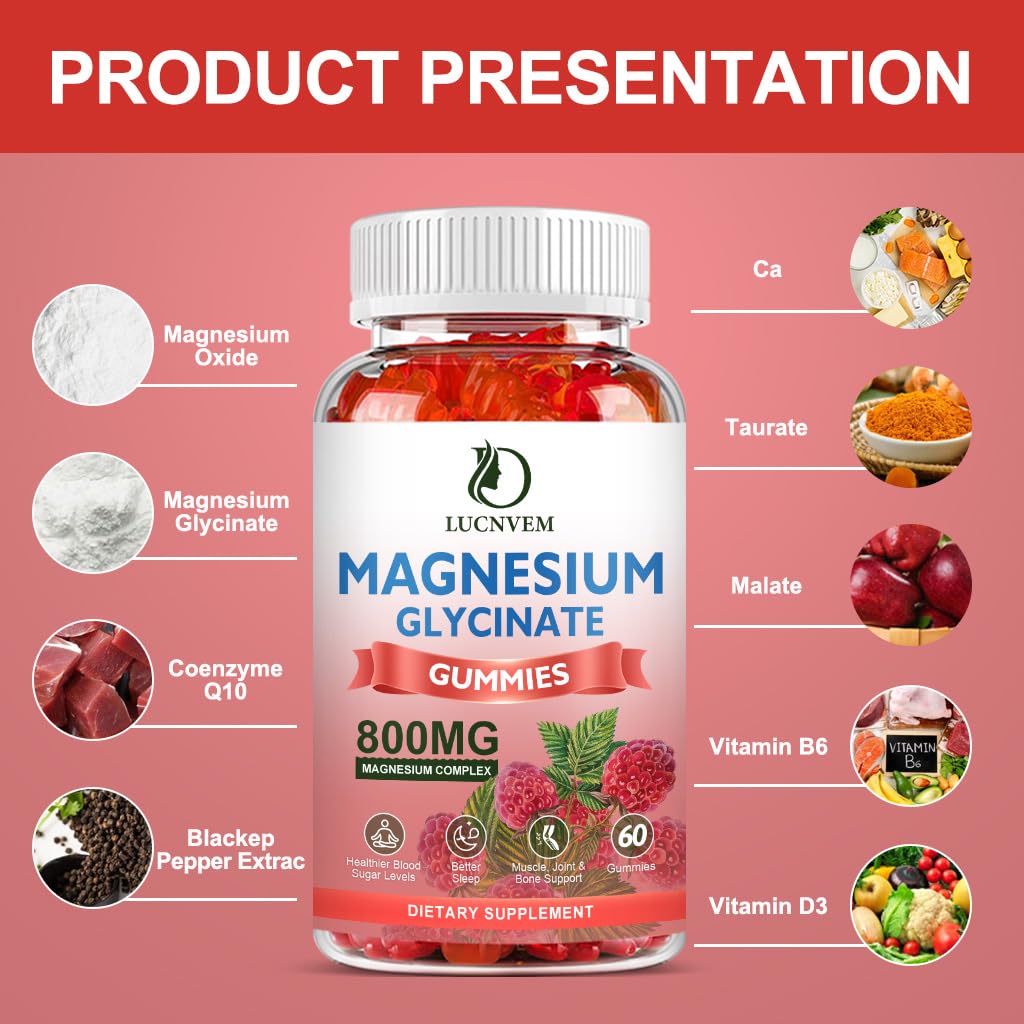 LUCNVEM Sugar Free Magnesium Glycinate Gummies – 60 Raspberry Gummies (3 Pack)