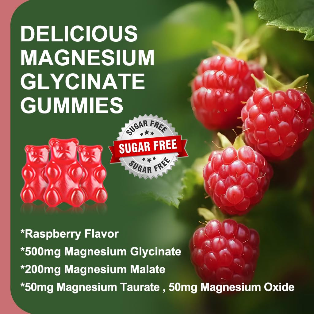 LUCNVEM Sugar Free Magnesium Glycinate Gummies – 60 Raspberry Gummies (3 Pack)