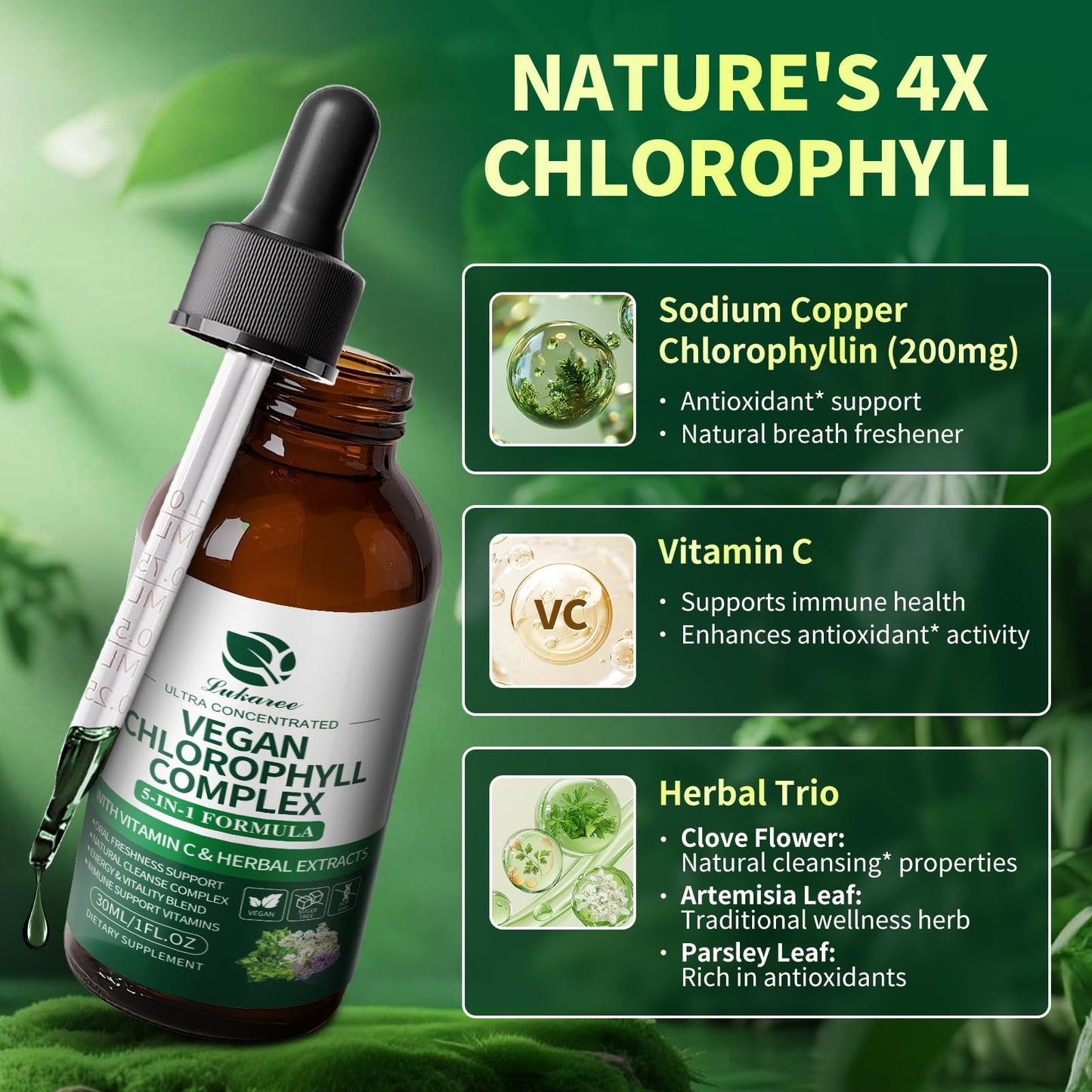 Lukaree Chlorophyll Liquid Drops 200mg - 4X Concentrated Mint Flavor