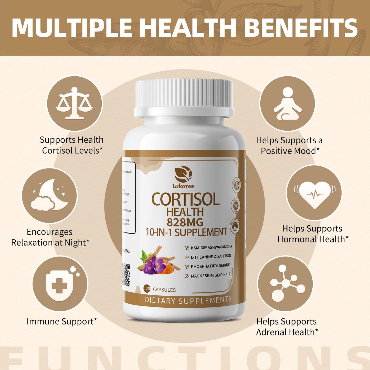 Lukaree 10-in-1 Cortisol Supplements – KSM-66 Ashwagandha + L-Theanine, 120 Caps (2 Pack)