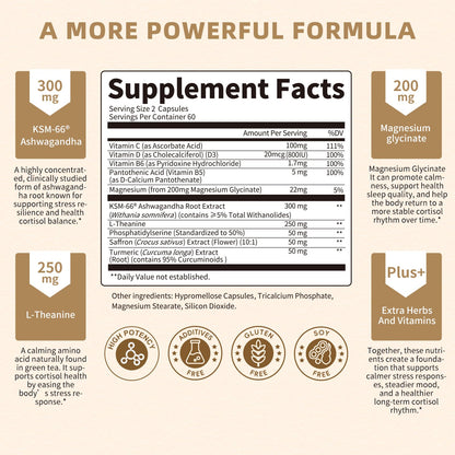 Lukaree 10-in-1 Cortisol Supplements – KSM-66 Ashwagandha + L-Theanine, 120 Caps (2 Pack)