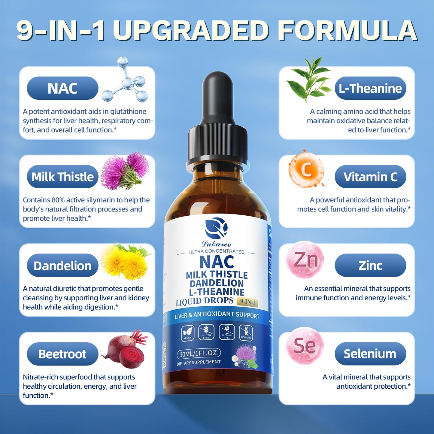 Lukaree Liposomal NAC 600mg Drops with Milk Thistle – Liver & Kidney Support (Vegan, Non-GMO) 2oz