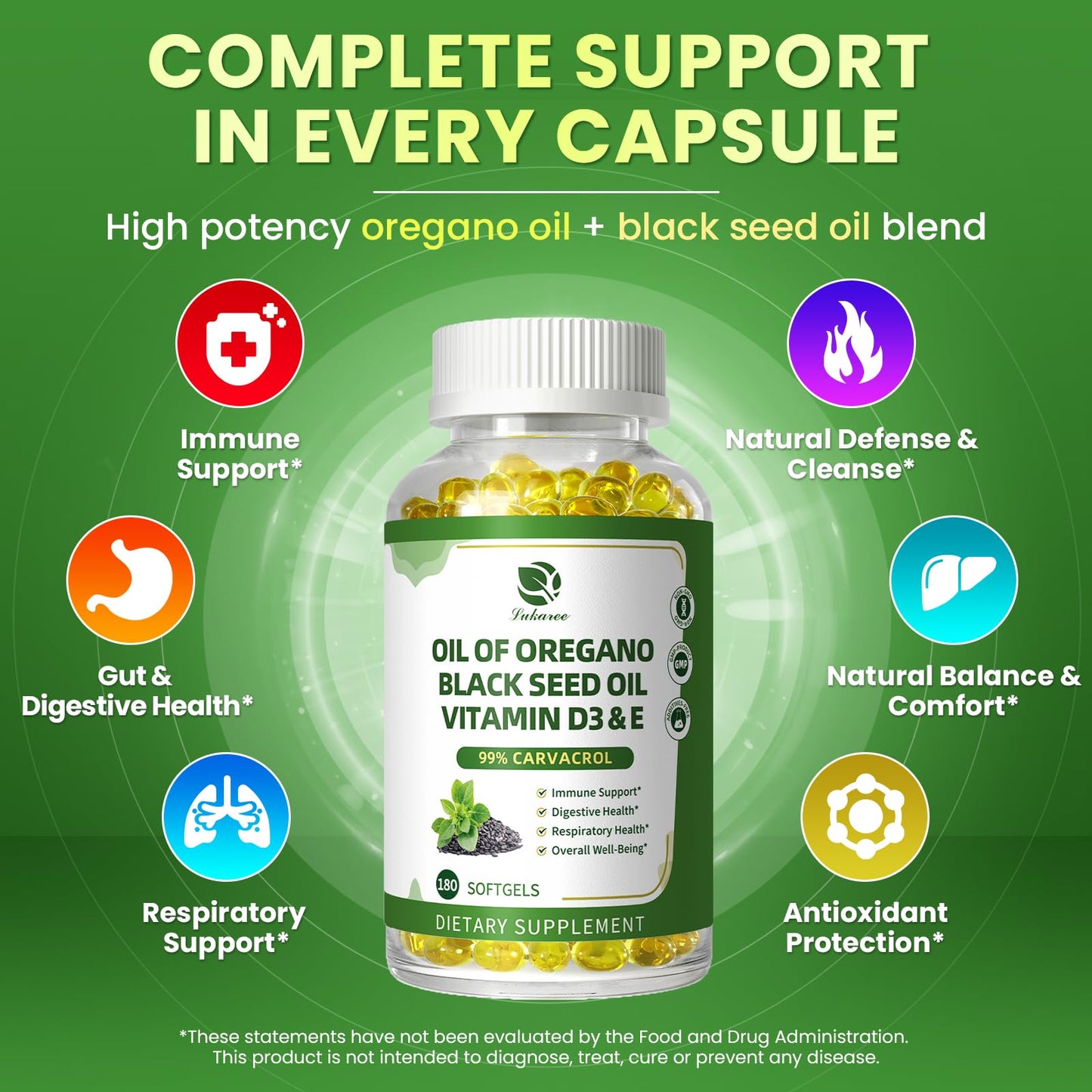 Lukaree Organic Oregano Oil Capsules with Black Seed Oil – 99% Carvacrol, 5-in-1 with Vitamin D3 & E, Black Pepper | 2-Pack