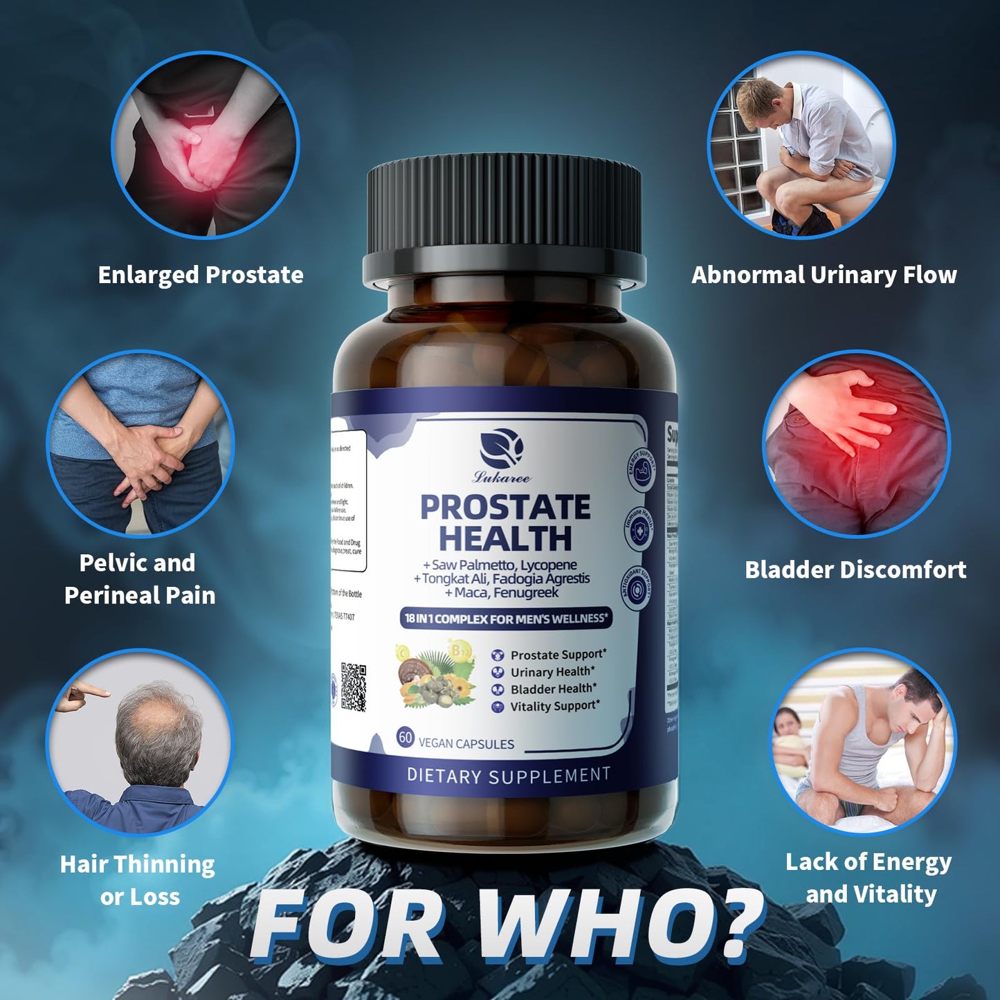 Lukaree Prostate Health Supplements for Men - 18-in-1 Formula | Saw Palmetto, Pumpkin Seed & Nettle - 60 Capsules