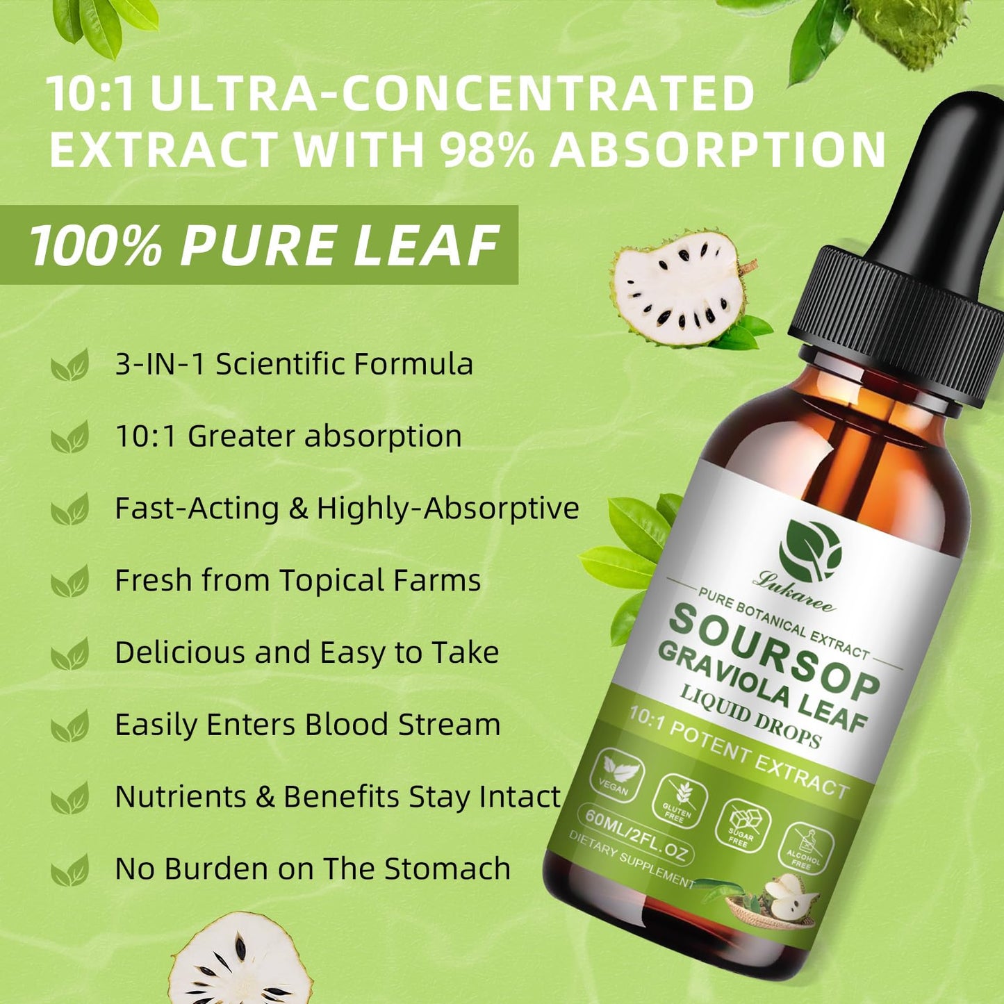 Lukaree 100% Organic Soursop Leaves Extract – 10x Concentrated Liquid Drops