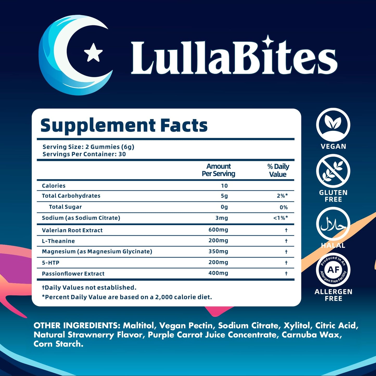 LullaBites Natural Sleep Gummies – Melatonin Free, 5-HTP & L-Theanine, Vegan & Halal – Strawberry, 60 Gummies