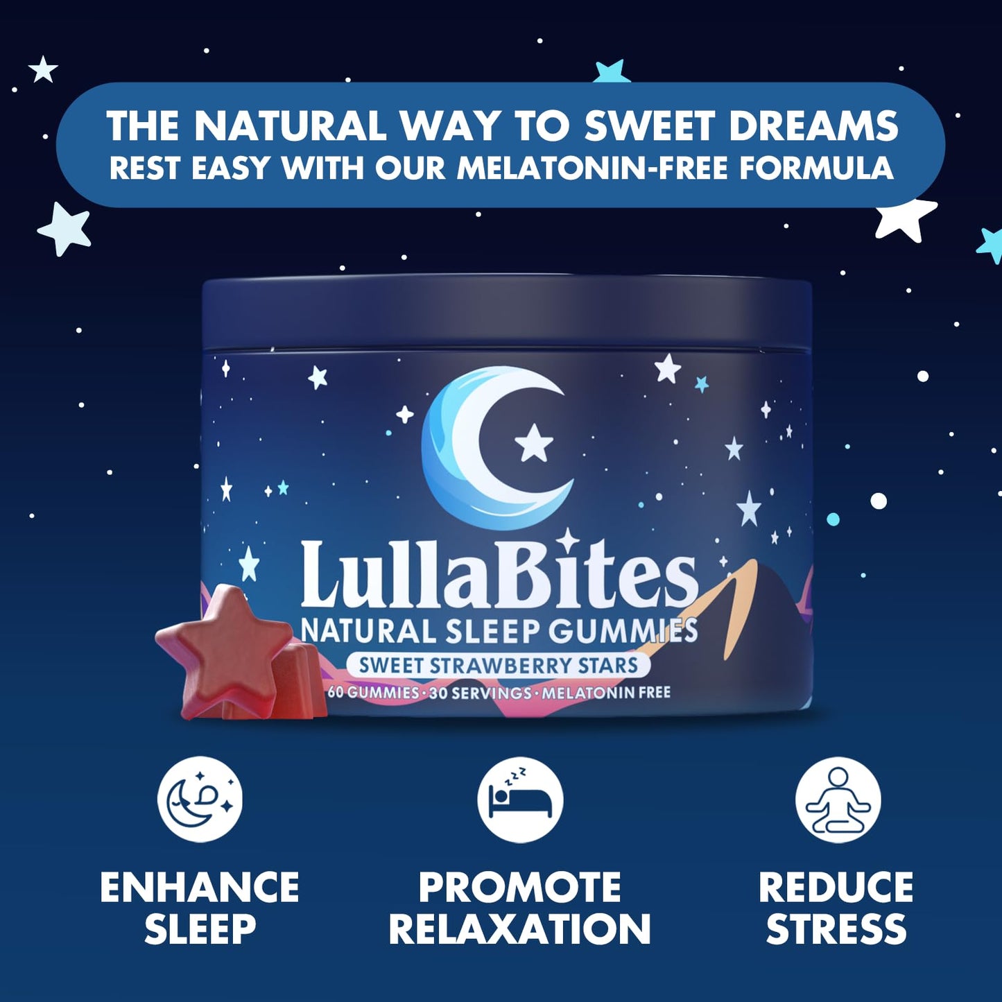 LullaBites Natural Sleep Gummies – Melatonin Free, 5-HTP & L-Theanine, Vegan & Halal – Strawberry, 60 Gummies
