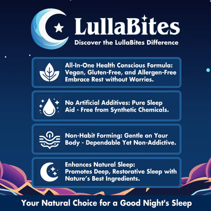 LullaBites Natural Sleep Gummies – Melatonin Free, 5-HTP & L-Theanine, Vegan & Halal – Strawberry, 60 Gummies