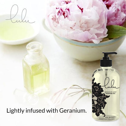 Lulu Geranium Massage Oil – Sweet Almond & Jojoba Oils 16 oz Pump
