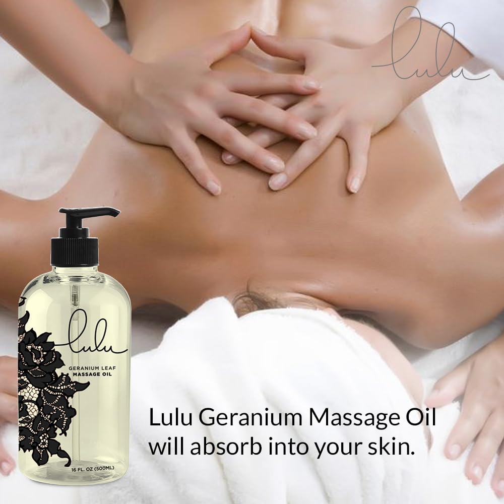 Lulu Geranium Massage Oil – Sweet Almond & Jojoba Oils 16 oz Pump