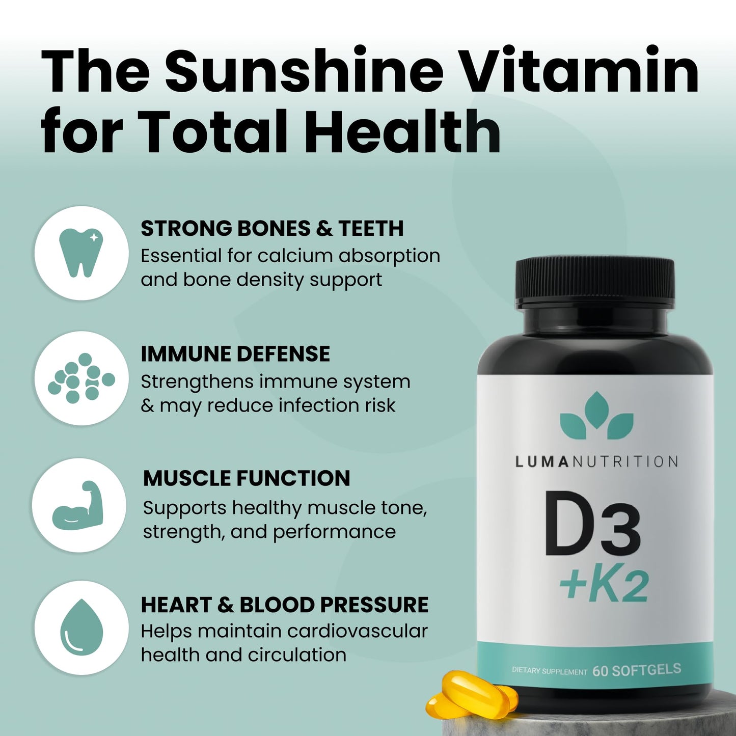 Luma Nutrition D3 + K2 10000 IU – Bone & Heart Health (60 Softgels)