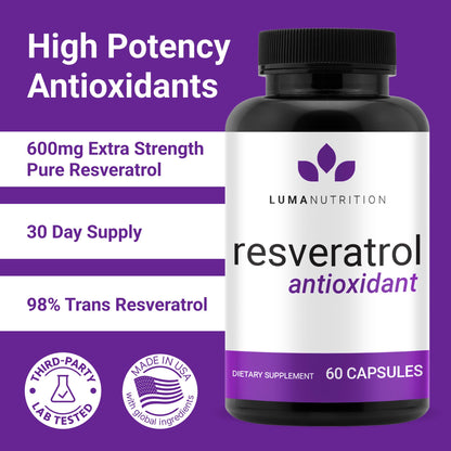 Luma Nutrition Resveratrol 98% Trans-Resveratrol – 600mg, 60 Caps, Vegan & Gluten-Free
