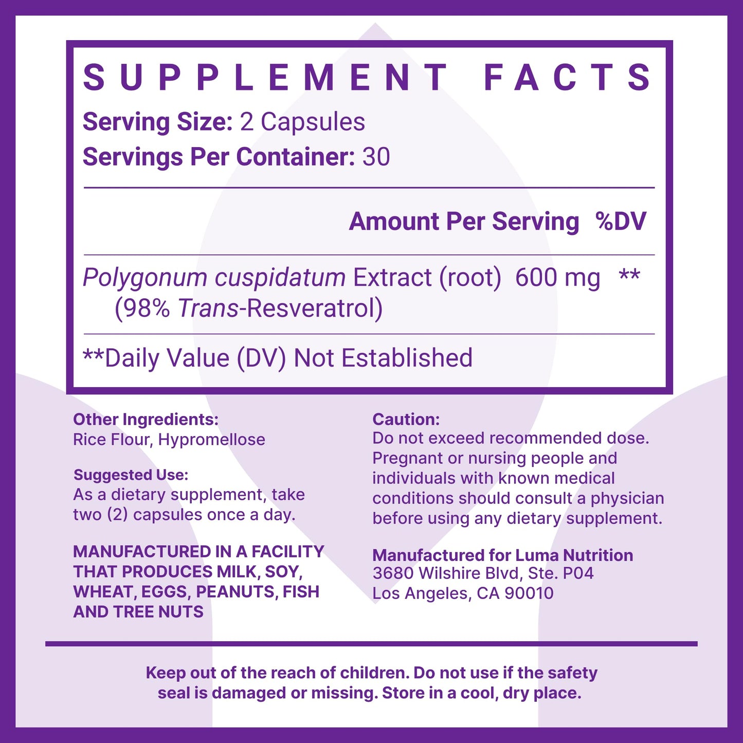 Luma Nutrition Resveratrol 98% Trans-Resveratrol – 600mg, 60 Caps, Vegan & Gluten-Free