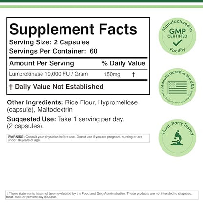 Lumbrokinase Enzymes Supplement - 120 Capsules | Max 10,000 FU/g | Non-GMO, Gluten Free | Double Wood