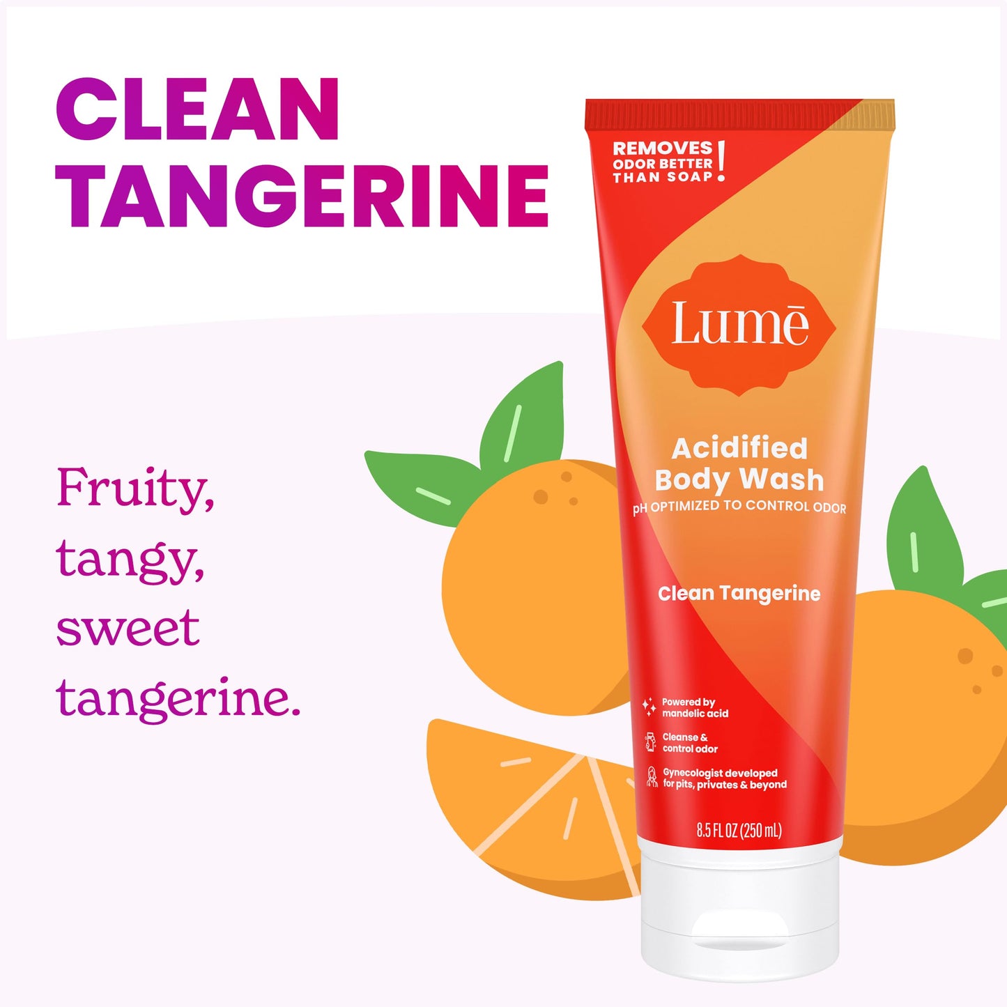 Lume Acidified Body Wash - 24 Hour Odor Control, Clean Tangerine, SLS & Paraben Free (8.5 oz Pack of 2)
