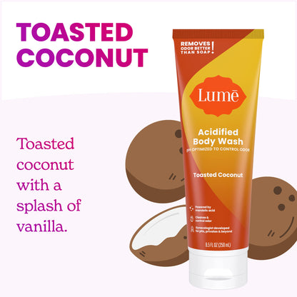 Lume Acidified Body Wash – 24 Hour Odor Control, Toasted Coconut, 8.5 oz (Pack of 2)