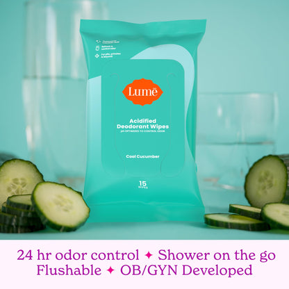Lume Acidified Deodorant Wipes - 24-Hour Odor Control, Aluminum Free, Cool Cucumber (Pack of 3)