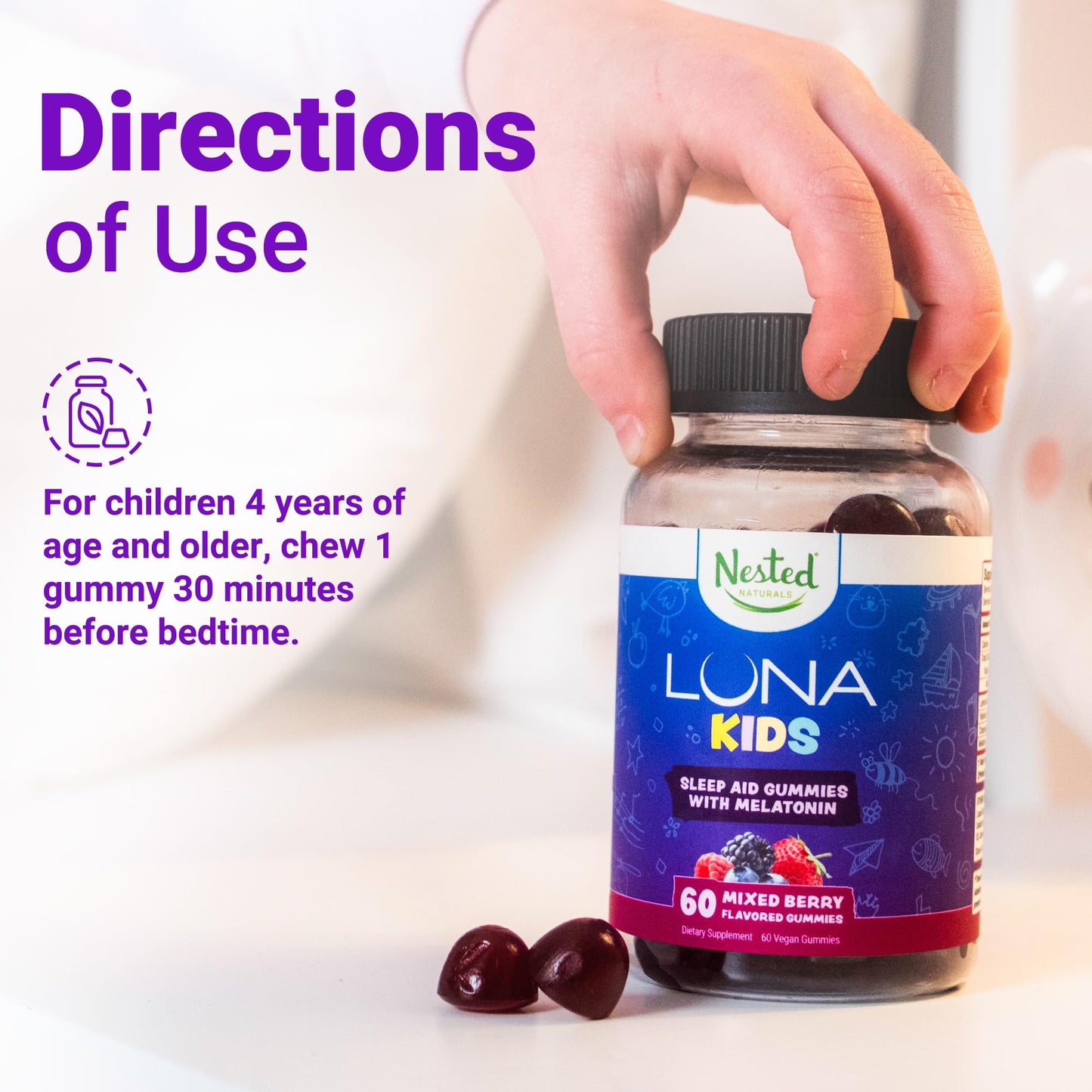 Luna Kids Sleep Gummies – Non-Habit Melatonin for Children, Mixed Berry (60 Vegan Gummies)