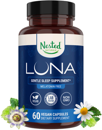 Nested Naturals Luna Sleep Supplement – Melatonin-Free, Non-Habit Forming Sleep Aid with Chamomile, Valerian & L-Theanine | 60 Vegan Capsules