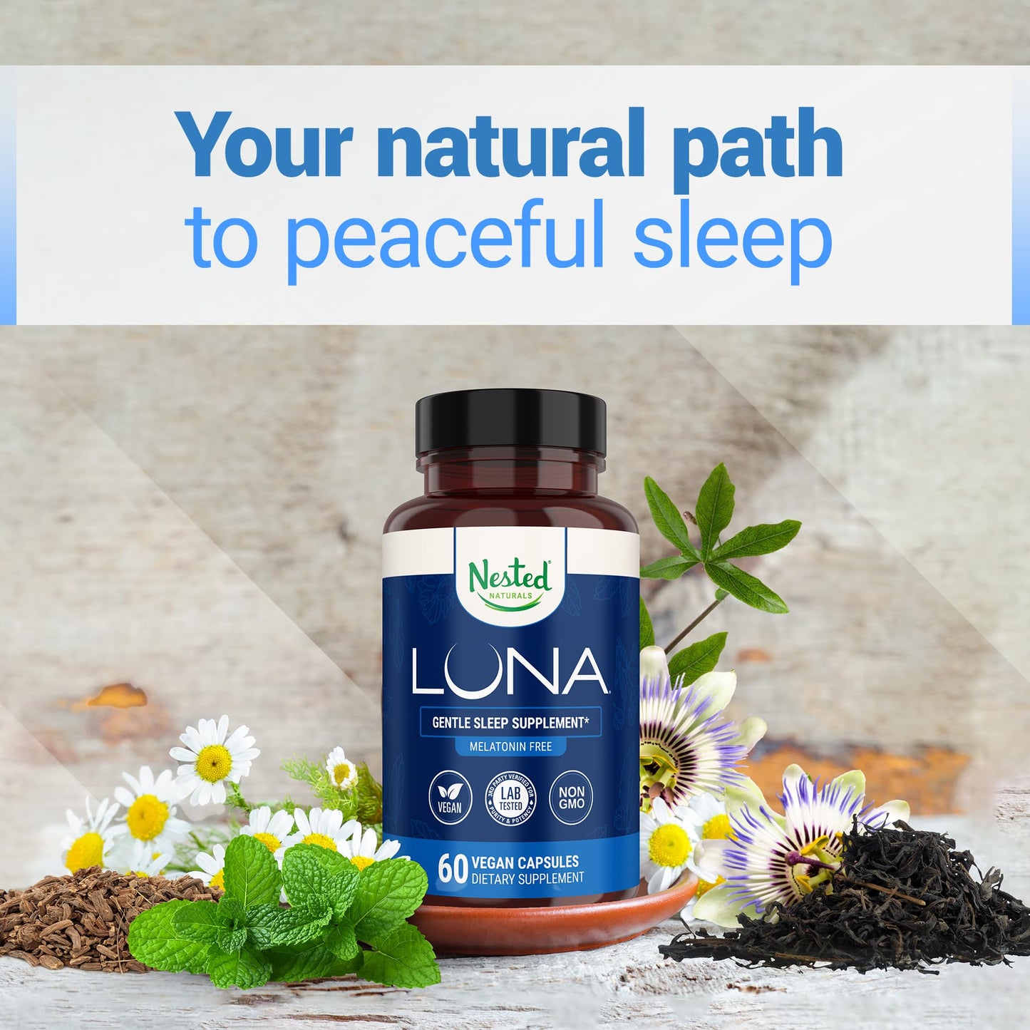 Nested Naturals Luna Sleep Supplement – Melatonin-Free, Non-Habit Forming Sleep Aid with Chamomile, Valerian & L-Theanine | 60 Vegan Capsules