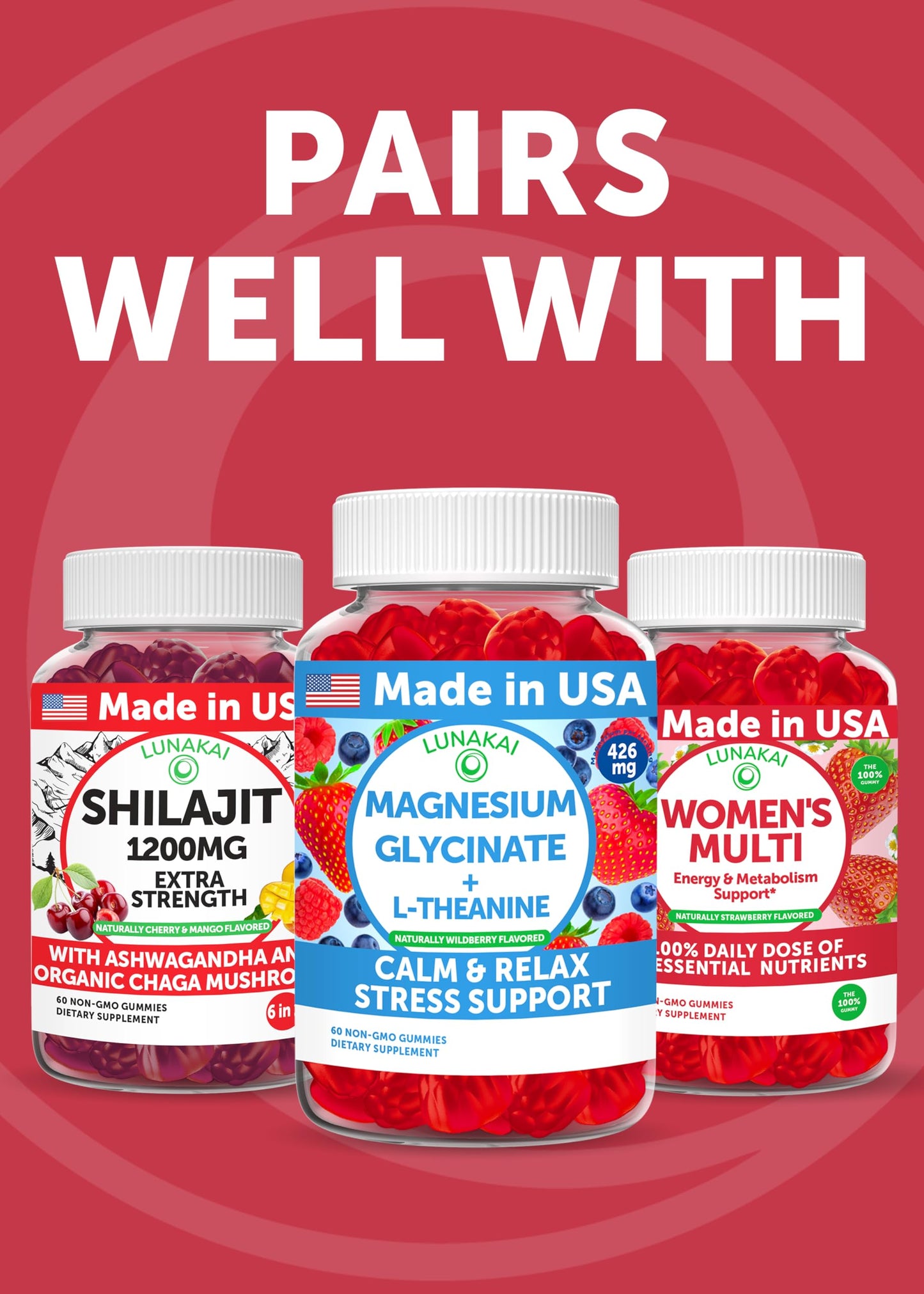 Lunakai USA Made KSM-66 Ashwagandha Gummies – Stress, Mood & Sleep Support (60ct)