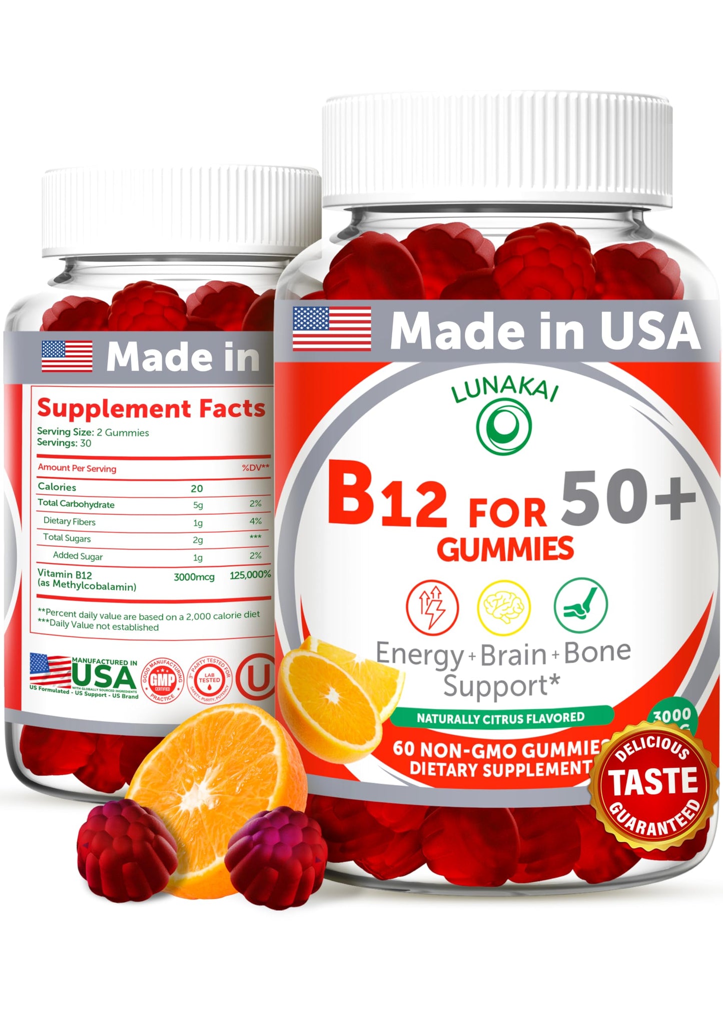 Lunakai USA Made Vitamin B12 Gummies for Adults 50+ - Non-GMO, Energy & Vitality, Orange Flavor, 60ct